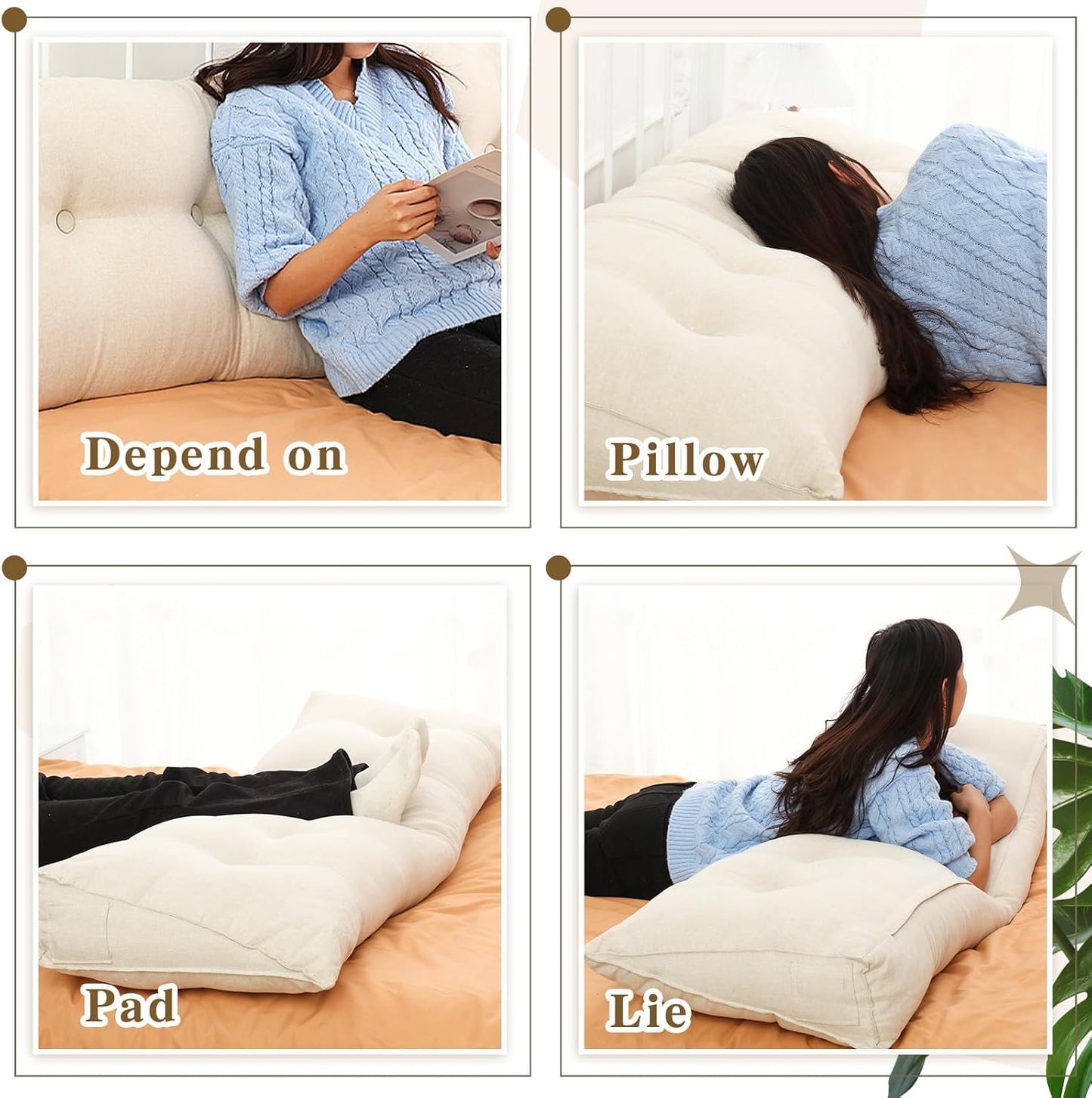 Wenqik Wedge Pillow Twin Triangular Headboard Bed Reading Backrest Back Support Long Pillow with Removable Cover for Dorm Room Supplies Housewarming Gift(Beige)