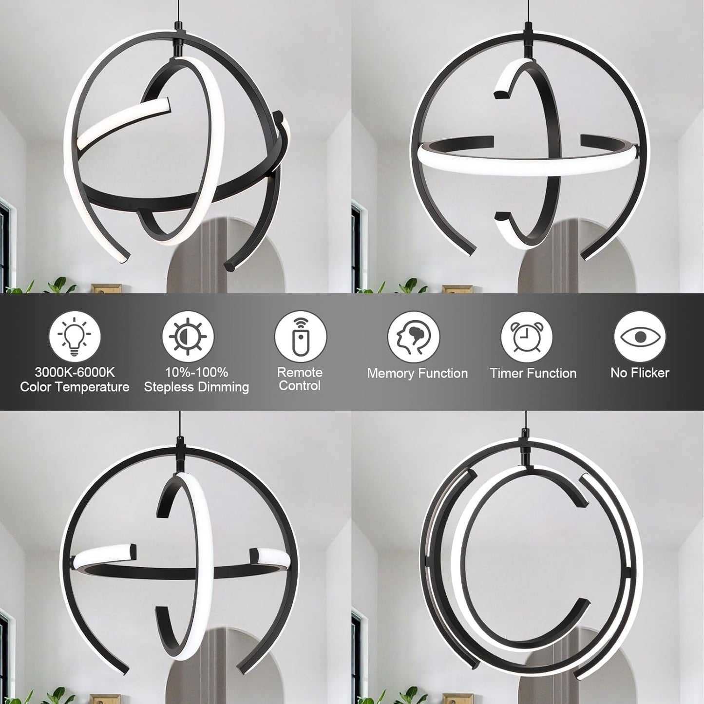Black Modern LED Chandeliers, Dimmable Globe Pendant Lights Fixture, 13" Metal Adjustable Hanging Lamps are Suitable for Kitchen lsland, Dining Room Bedroom Foyer Hallway Stairway