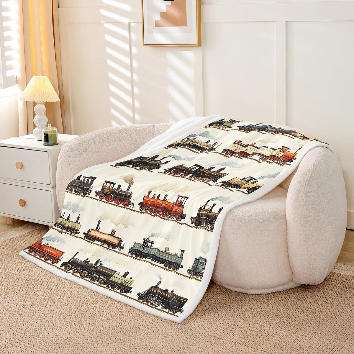 Feelyou Kids Vintage Train Fleece Throw Blanket Throw 50"x60" Retro Steam Engine Sherpa Blanket Boys Girls Retro Steam Locomotive Train Plush Blanket Vehicle Train Fuzzy Blanket