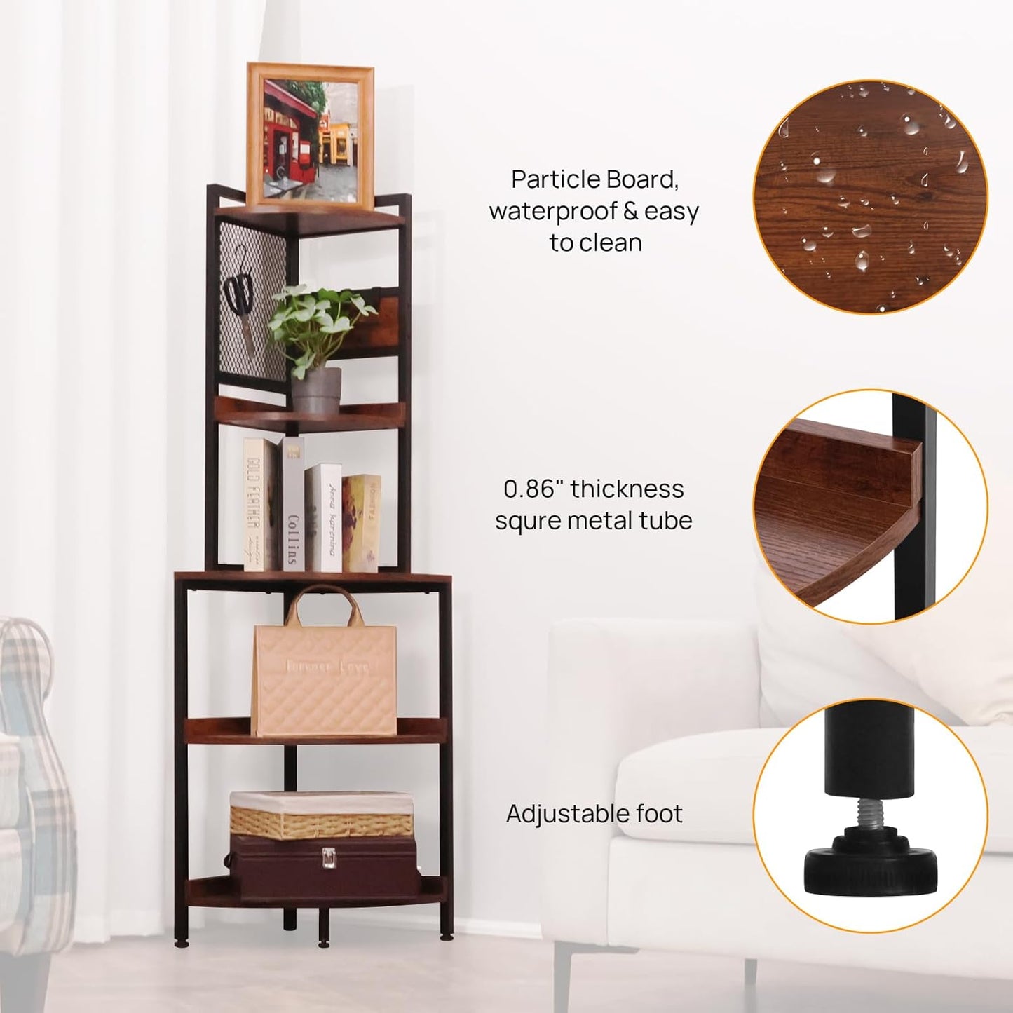 5-Tier Corner Shelf Stand – Multi-Functional Storage Unit with Metal Frame (Living Room/Home Office/Bedroom)