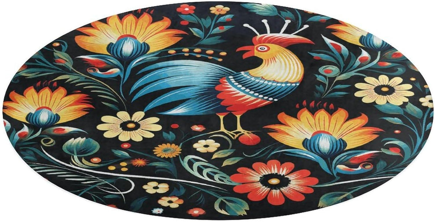 Polish Folk Art Pattern Circle Rug Retro Luxury Coral Velvet Floor Mat Non Slip Soft Indoor Floor Carpet Comfy Thickened Area Rugs Modern Aesthetic Minimalist Carpets for Home Decor