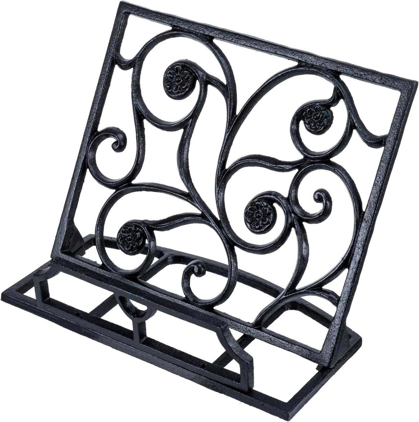 MyGift Black Metal Cookbook Holder Stand with Decorative Cookbook Word Cutout and Tree Silhouette Design, Countertop Recipe Book Tablet Easel Holder with Folding Kickstand (Art Deco)