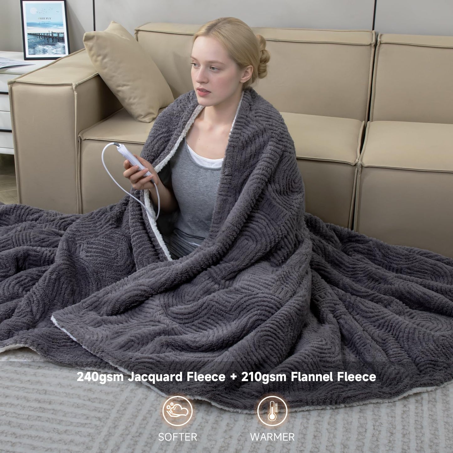 Heated Throw Blanket Electric - 50"x60" Cozy Soft Jacquard Heating Blanket with 4 Heat Levels & 4 Hours Auto-Off, Electric Throw with Overheating Protection, Warm Gifts, Grey