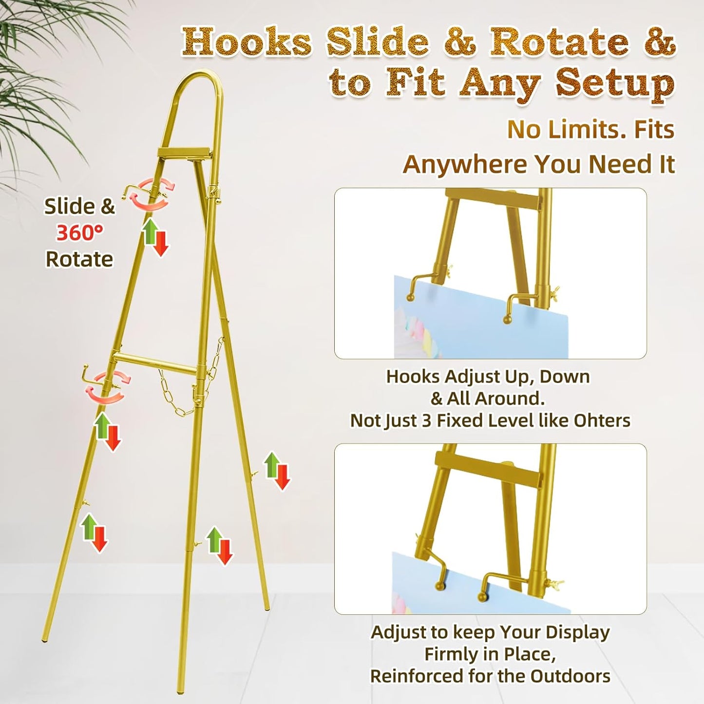 57"– 42" Height Adjustable Gold Easel Stand for Signs, Lockable at Any Height – 4 Hooks, 3 Display Modes, Easel with Design Templates – Ideal for Wedding Welcome Sign, Parties, Art & Retail Display