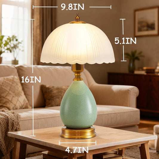 Vintage Ceramic Table Lamp for Living Room, 16" Modern Green Lamp for Bedroom, Retro Bedside Nightstand Lamp for Home Decor