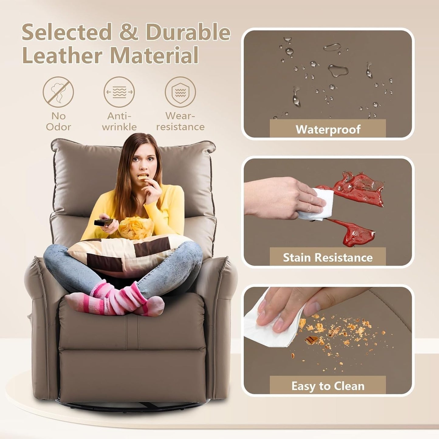 Power Swivel Rocker Recliner Chair with Charging Port, 270° Swivel Electric Recliner Chair, Comfortable Leather Reclining Chair, Brown Upholstered Power Recliner Sofa