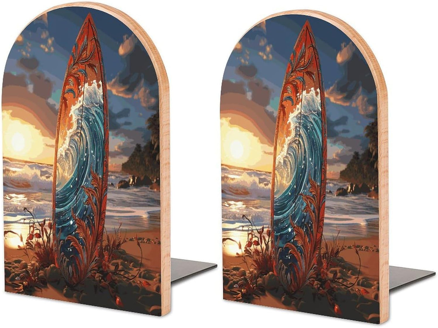 Colorful Surfboard Bookend for Shelves Wooden Book End Large Size Sturdy Book Holders Stoppers with Metal Base for Bookshelves Slick Decorative Bookends Stands