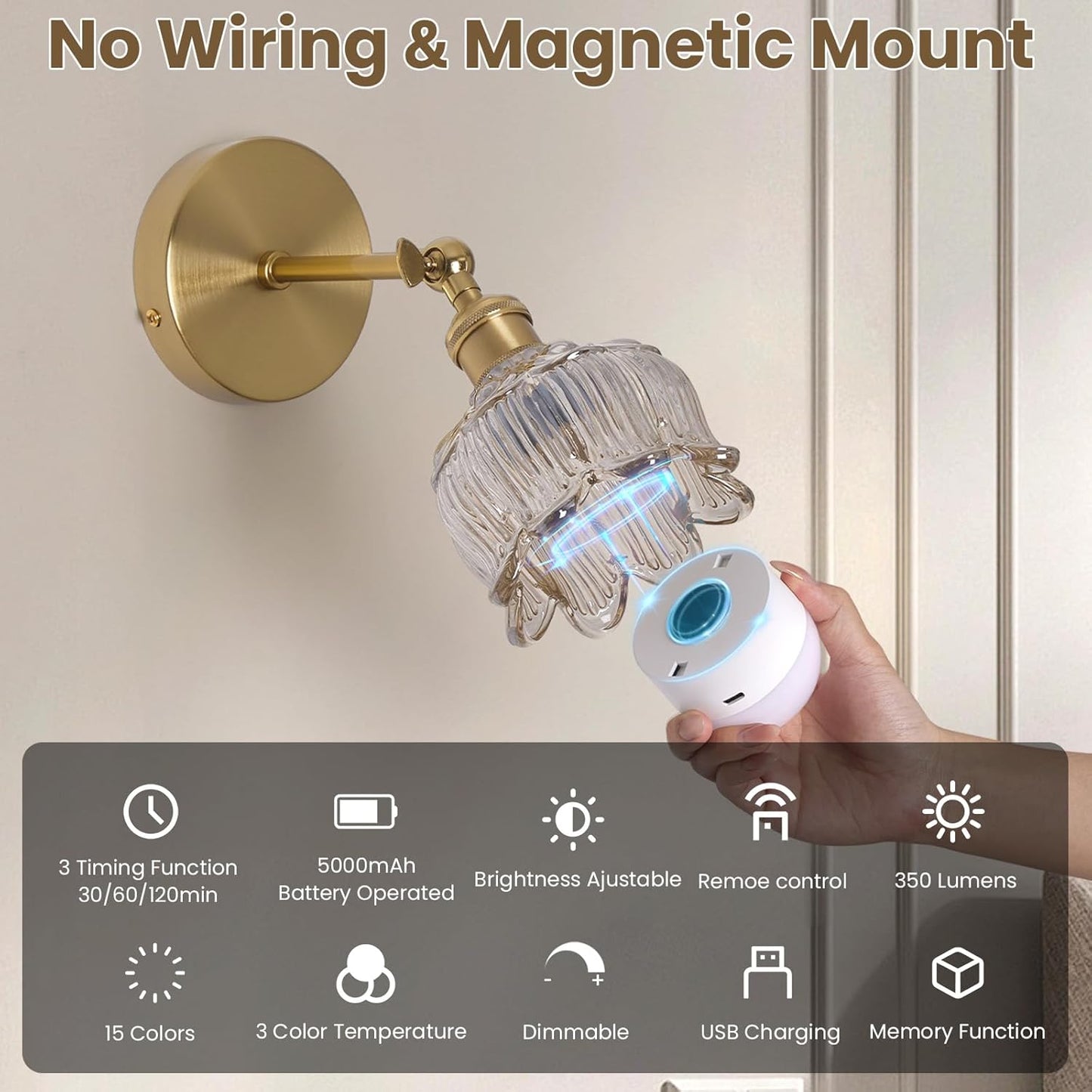 Vintage Battery Operated Wall Sconces - 5000mAh Rechargeable Dimmable Lights with Remote Control - Set of 2 Cognac Flower Glass Cordless Mounted Lighting - Wireless Powered Light Sconce for Bedroom