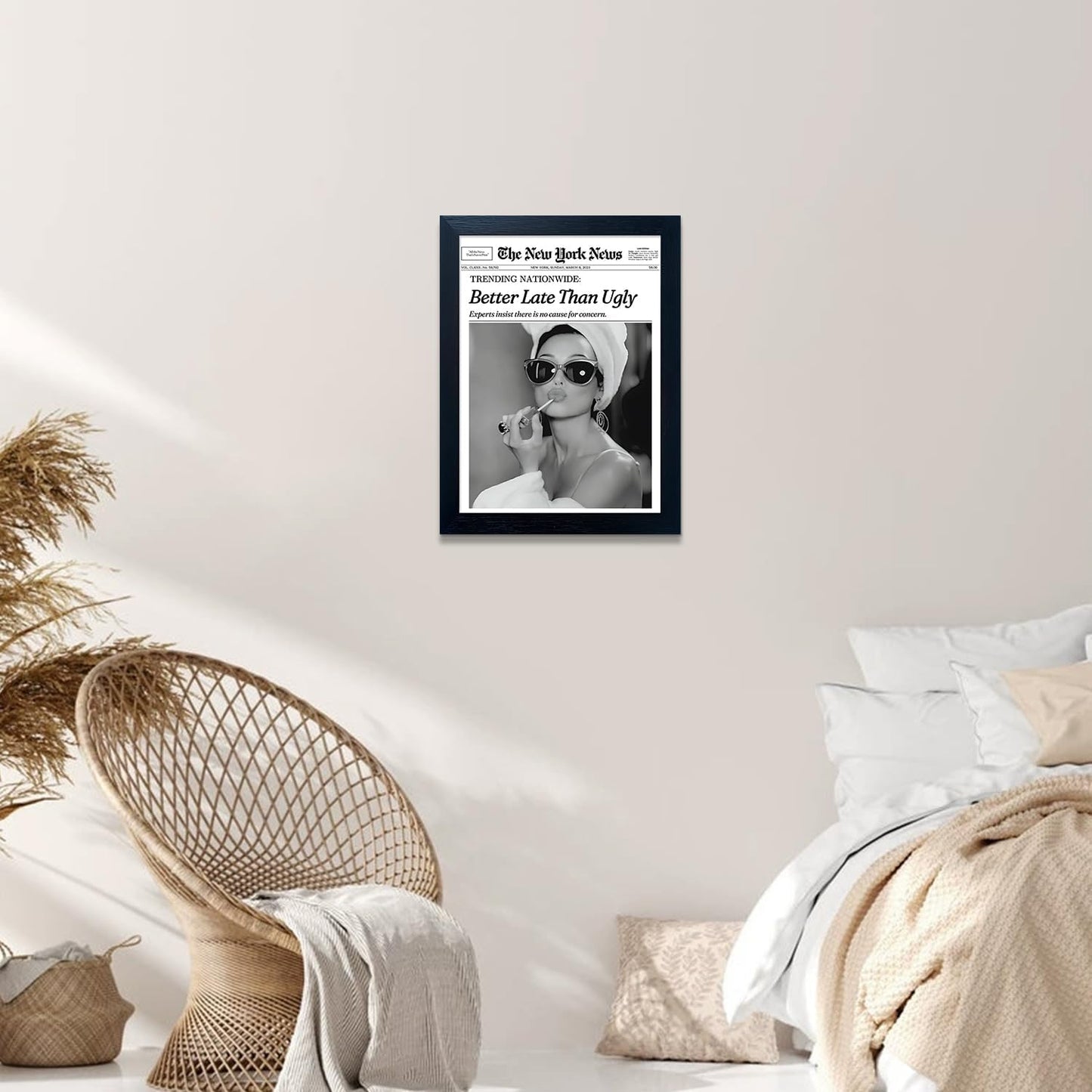 Trends Wall Art New York Poster Audrey Hepburn Wall Art Newspaper Better Late Than Ugly Poster Framed Black and White Retro Aesthetic Canvas Prints Feminist Girl Dorm Room Decor