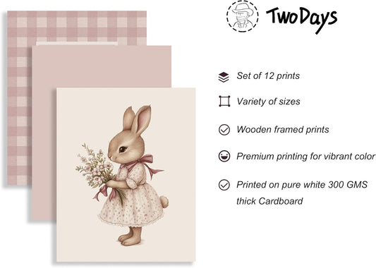 TwoDays Vintage Nursery Decor for Baby Girls, Pink Rabbit Bunny Wall Art for Toddler Kids Playroom, Swan Animals Posters for Bedroom (Multi Sizes, Set of 12, 8 × 10 Largest, Wooden Framed)