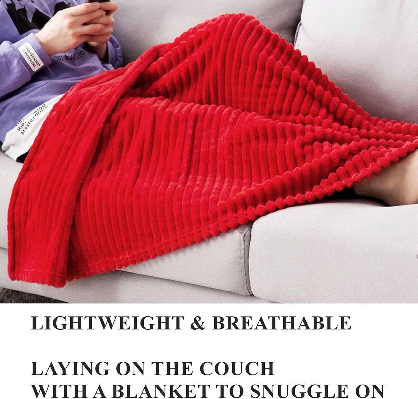 MIULEE Red Fleece Throw Blanket for Couch 300GSM Super Soft Lightweight Plush Striped Blanket, Christmas Warm Cozy Breathable Ribbed Flannel Throws for Bed/Sofa, 50"x60"