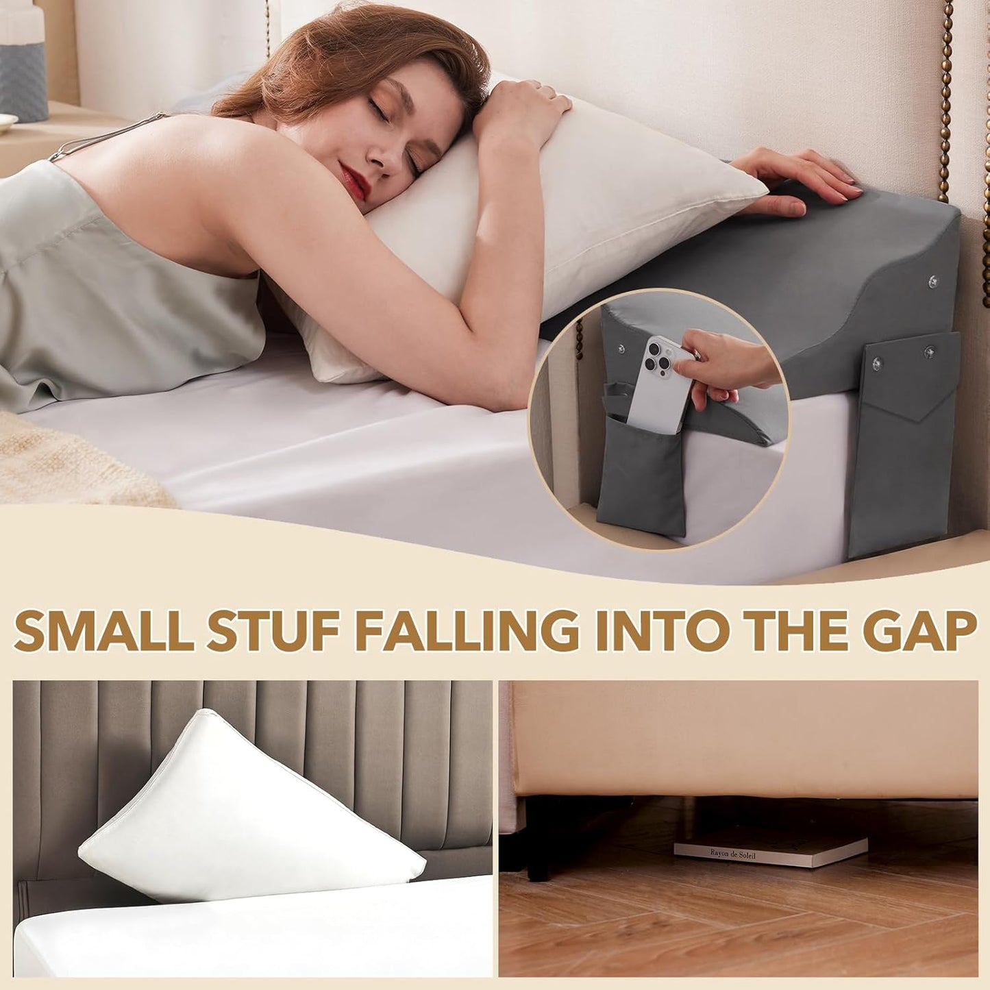 Twin Size Bed Wedge Pillow for Headboard – Mattress Gap Filler Wedge (0–8"), Close Gap Between Headboard and Mattress, Stop Pillows Falling, Wave Wedge, Large Bed Pillow, Gray (39"x10"x6")