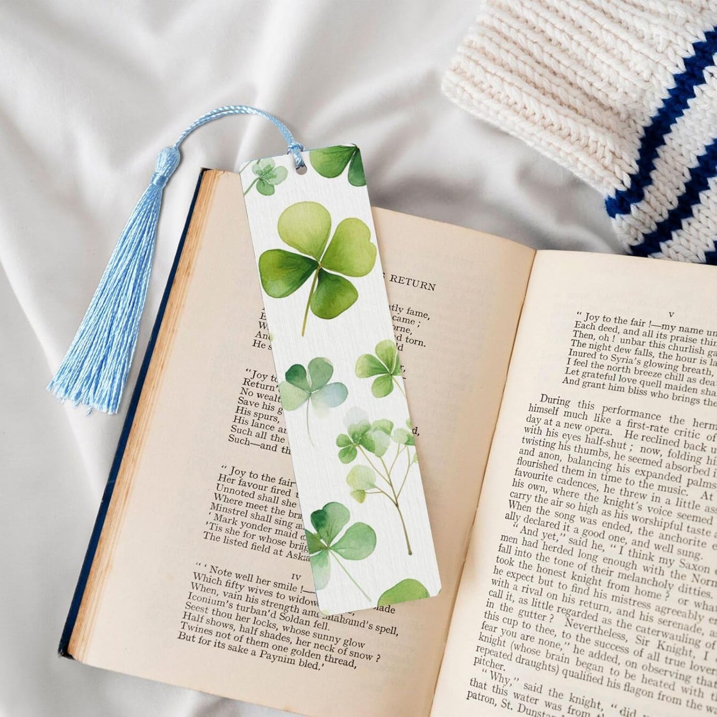 Clover Bookmarks Gifts for Women Men, Wooden Bookmarks for Book Lovers, Vintage Book Marks Ornaments with Tassel, Unique Personalized Reading Page Markers Sky Blue