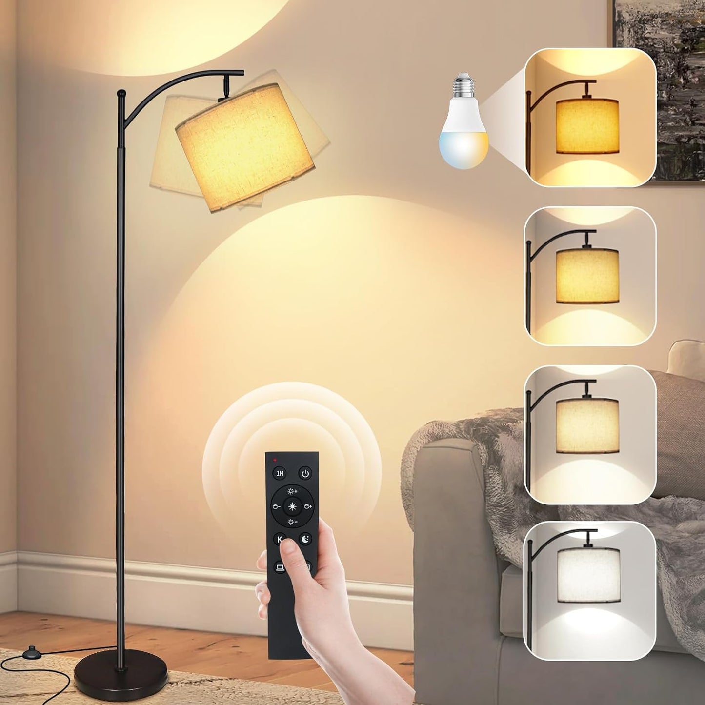 LED Floor Lamps for Living Room, 12W 1200LM Modern Arc Floor Lamp with Remote & Adjustable Linen Lampshade, 12 Color Temperature Stepless Dimmable Tall Standing Lamp (Beige Shade)
