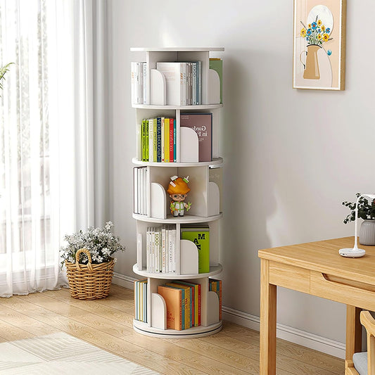 ELZEM Rotating Bookshelf 5 Tier 360° Revolving Bookcase Corner Round Bookcase White Spinning Book Shelf Stackable Bookshelf Organizer Display Cabinet for Office Home Living Room