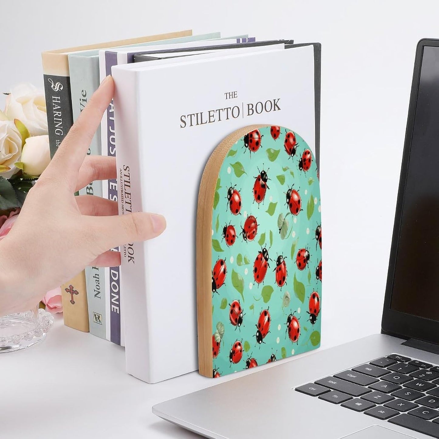 Red Ladybugs On A Blue Background Wooden Bookend Non-Slip Book Ends Heavy Duty Book Stopper with Metal Base Books Holderd Decorative Bookends Stands Firmly for Office Supplies