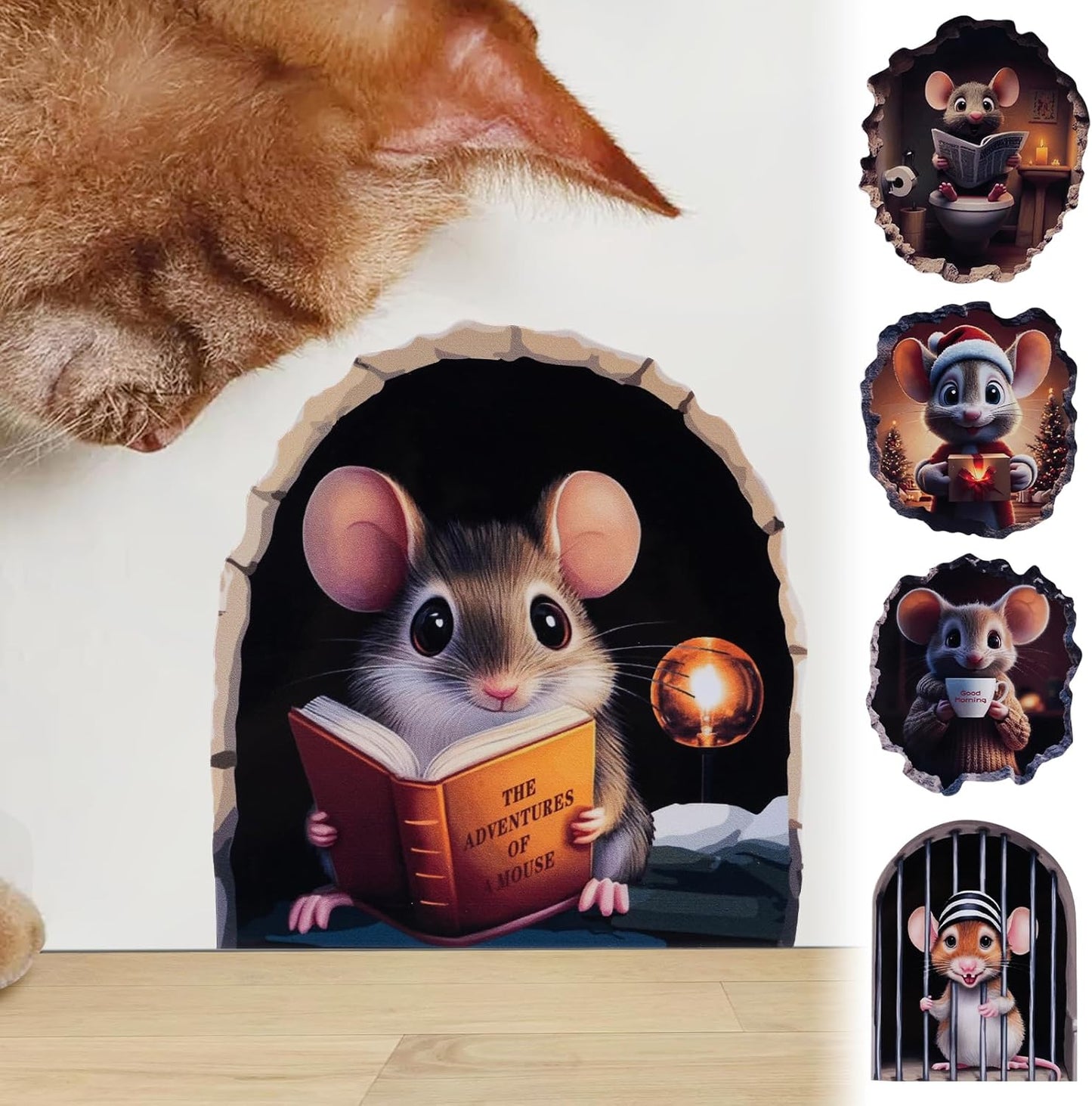 5PCS 3D Mouse Hole Wall Decals Peel and Stick Christmas Funny Whimsical Murals Wallpaper Art Decor Wall Stickers for Kids Room Door Playroom Stair Riser Bathroom Kitchen Nursery