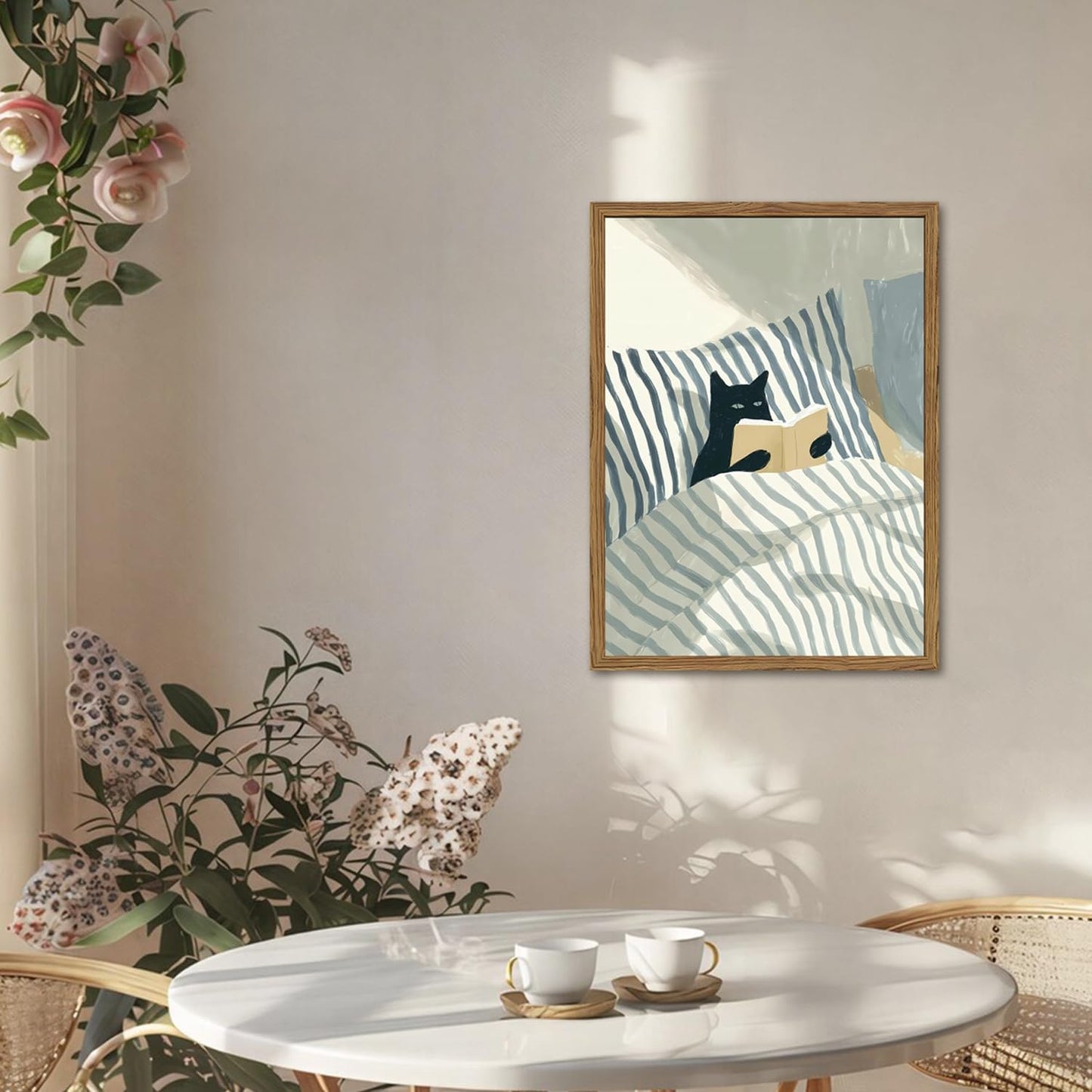 Funny Black Cat Wall Art Painting, Whimsical Cat in Stripe Bed Reading Wall Decor, Cute Animal Book Lover Blue and White Poster Canvas Prints for Bedroom Living Room 16x24 inch Wood Framed