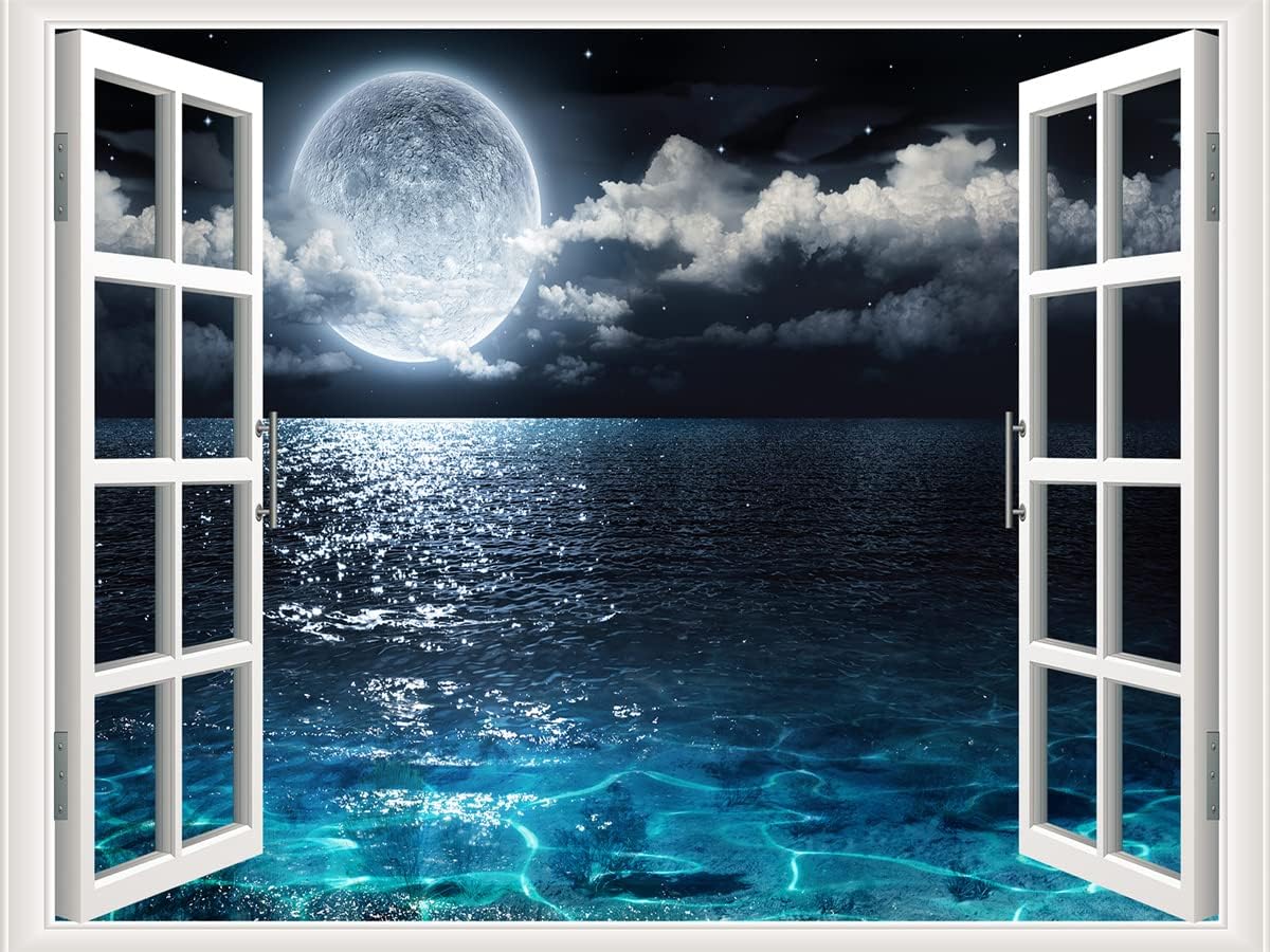 Self-Adhesive Wall Sticker Romantic Living Room Bedroom Study Office Decorative Wall Sticker Ocean Scenery Fake Window Sticker Mural (17.3"×27.6", Moon Beach)