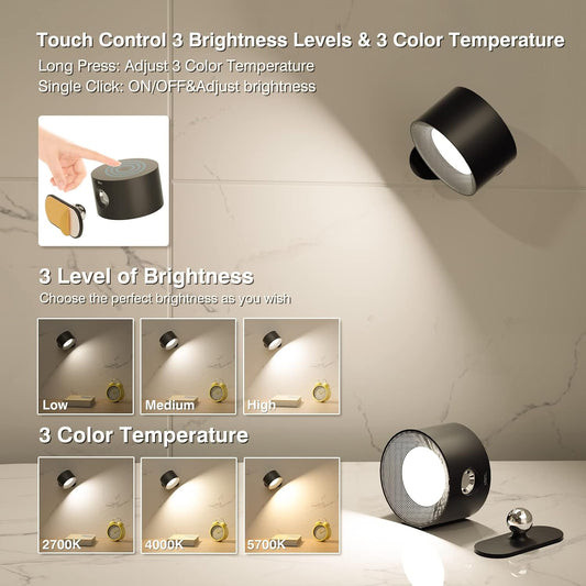 LED Wall Sconce, Wall Mounted Lamp with Rechargeable Battery Operated USB Port 3 Color Temperature & 3 Brightness Level 360°Rotate Magnetic Ball, Cordless Light for Reading Study Bedside