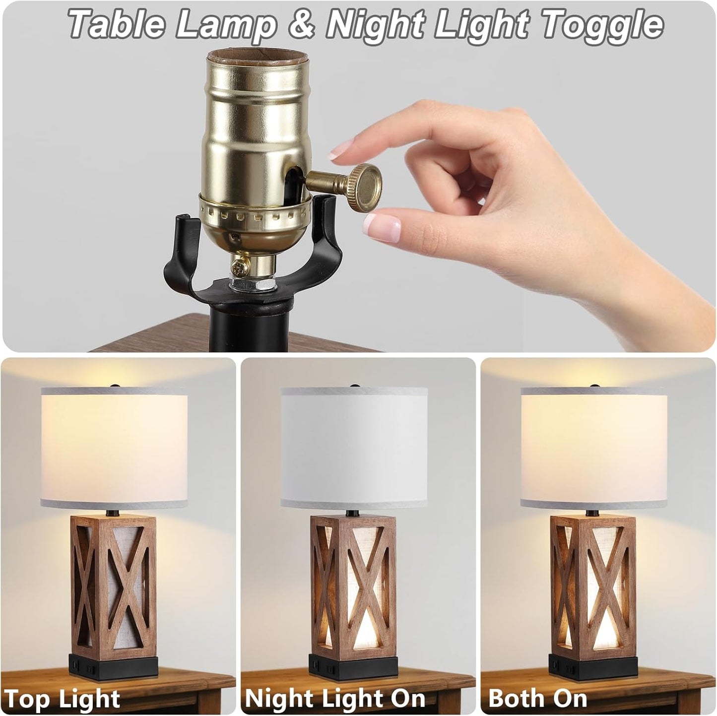 Wood Table Lamp with 3 Color Temperatures, Nightstand Table Lamp with AC Outlet, USB A & C Charging Port, Bedside Lamp for Living Room, Bedroom, Office Reading, Burlywood