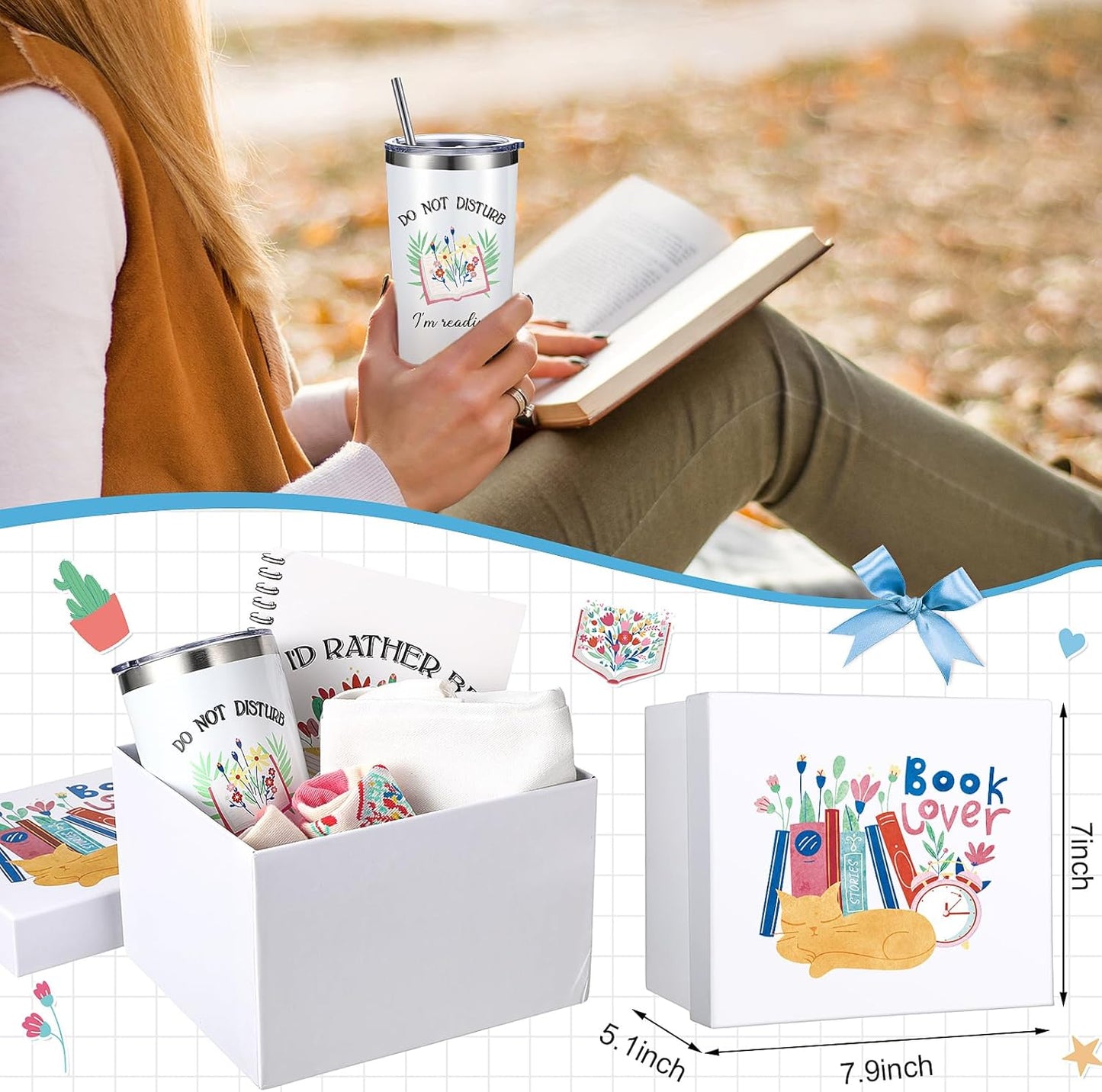 Rtteri 6 Pcs Book Lover Gifts for Women Bookish Gifts Tote Socks Tumbler Notebook for Reader Bookworm Librarians(Cute)