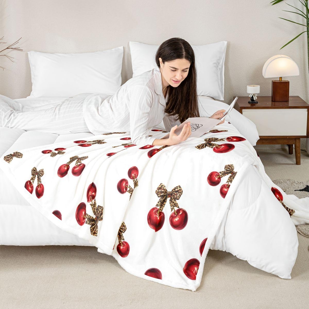 Feelyou Cherry Sherpa Throw Blanket for Couch Leopard Print Super Soft Cozy Fleece Cheetah Bow Blanket for Winter, Plush Throw Cute Cherry Gifts Throw 50"x60" All Season