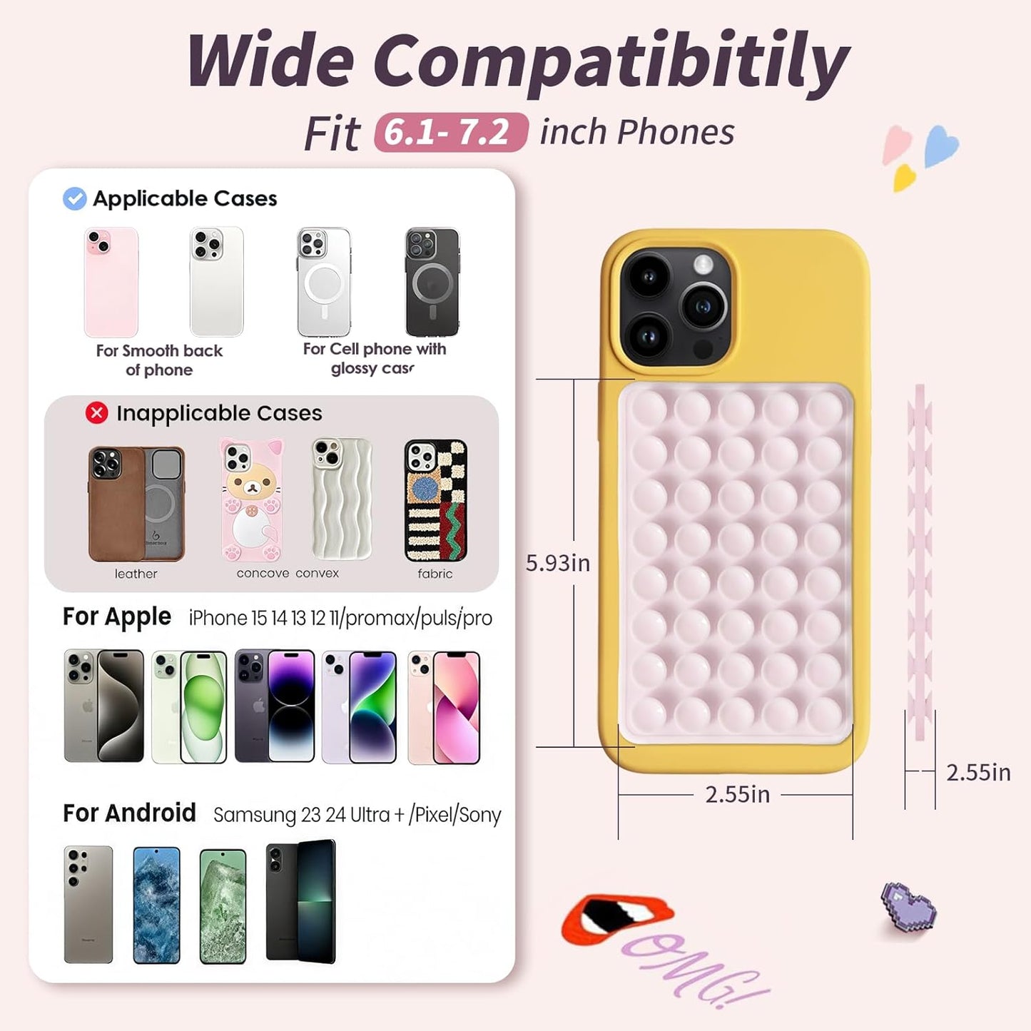 (2 Pack) Silicone Suction Cup Phone Case Mount Double Sided, Sticky Phone Grip with Higher Suction Power for Cell Phone, Hands-Free Phone Accessories for Selfies and Videos, Clear & Light Pink