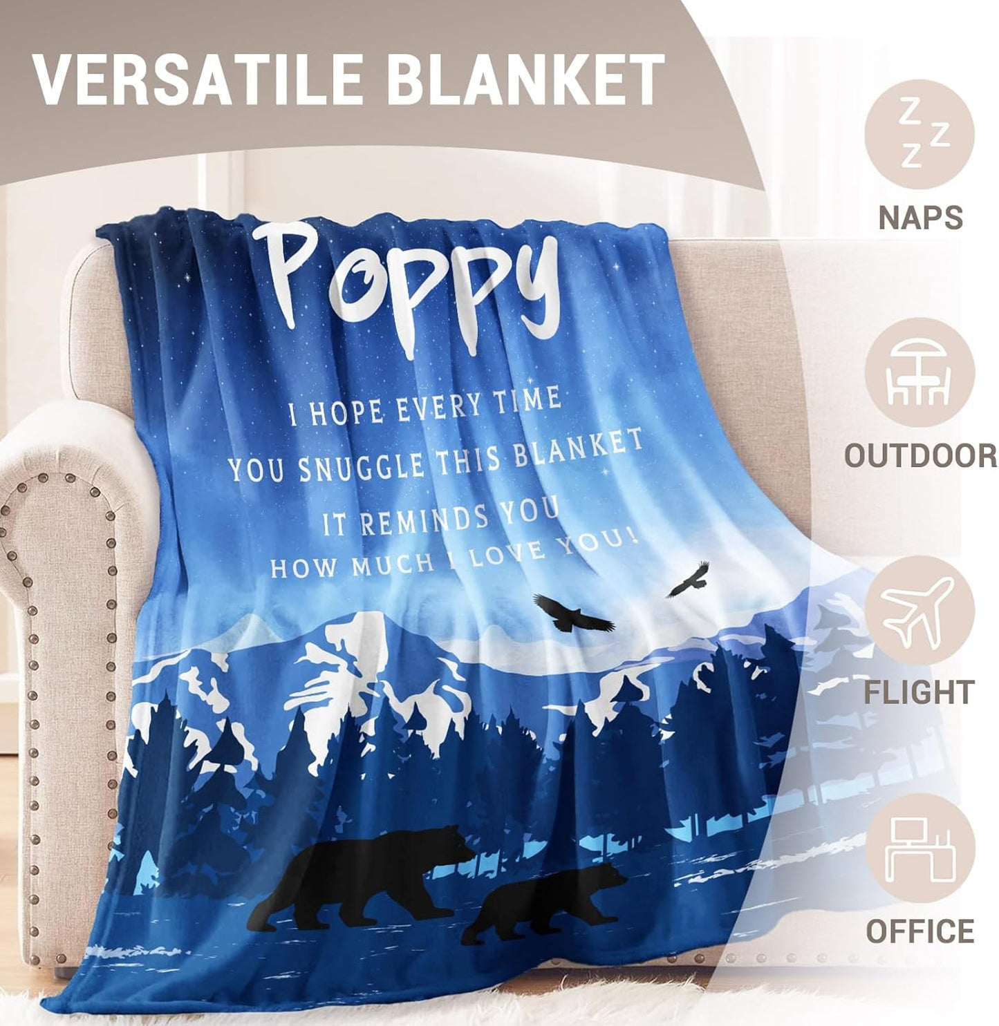 Poppy Gifts from Grandchildren Grandkids, Birthday Gifts for Poppy from Granddaughter Grandson, Grandpa Gifts Throw Blanket 60" x 50"