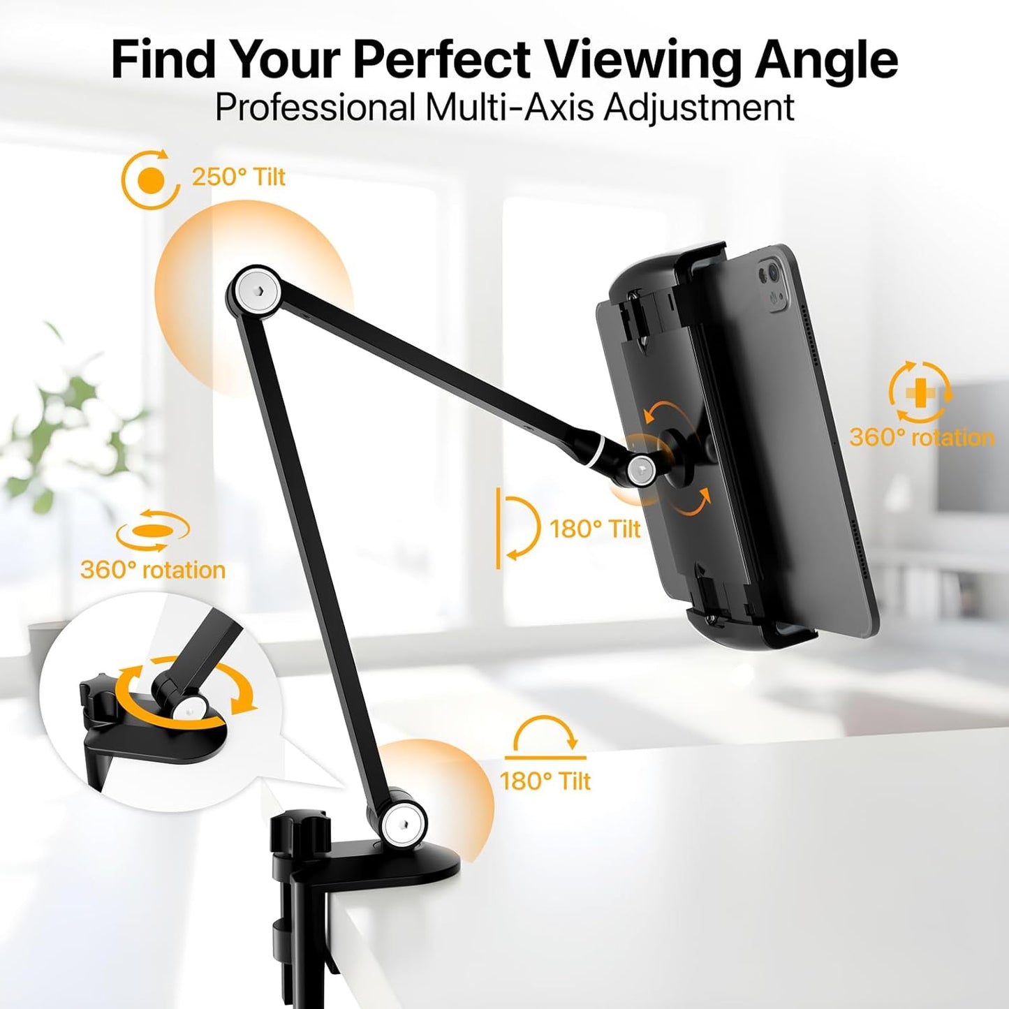 Tablet Stand Holder-Adjustable iPad Desk Mount with 360° Rotating Base for 6.3-16" Devices-Foldable Aluminum ipad Arm Mount for Desk,Bed,Kitchen-Compatible with iPhone,iPad,Tablet,Portable Monitor
