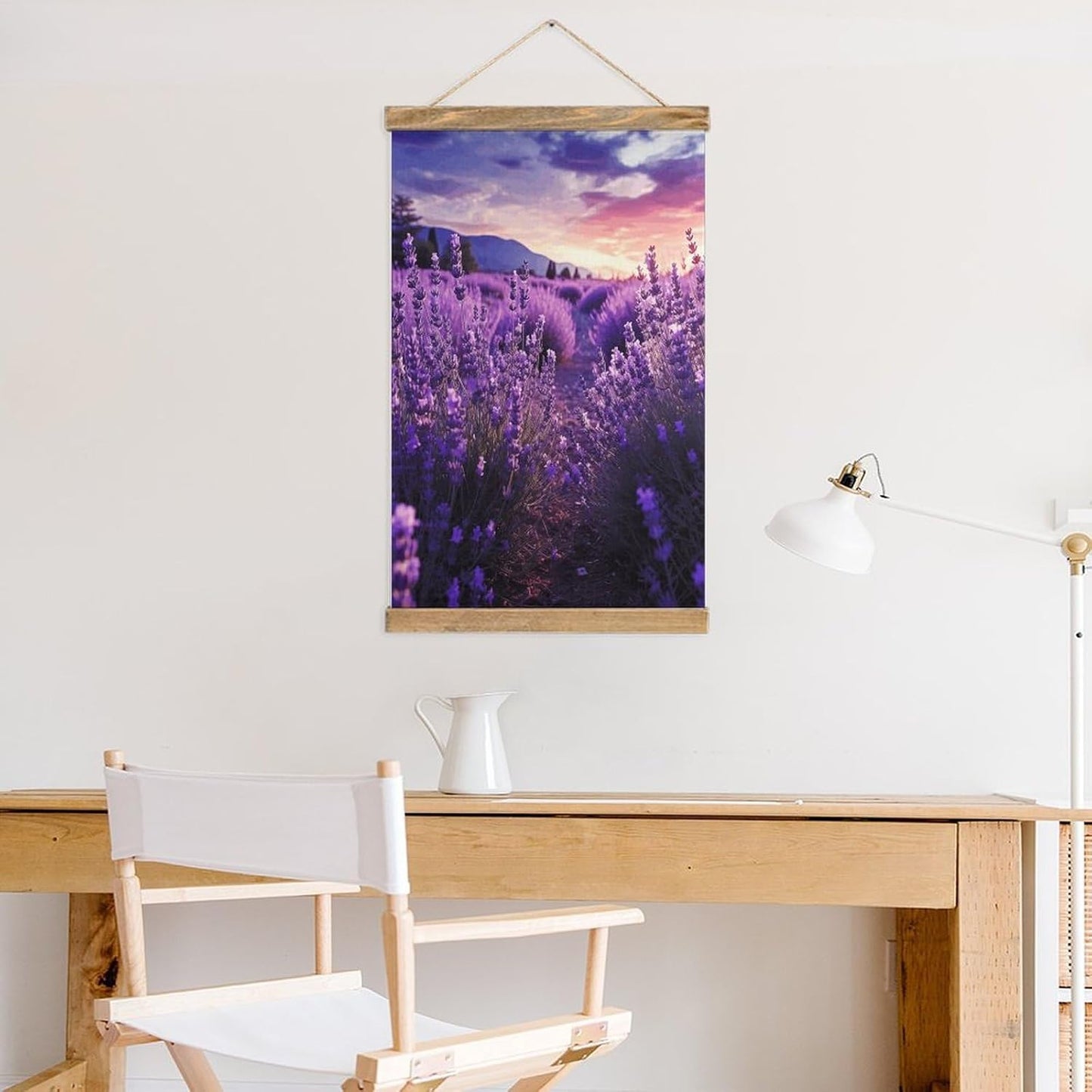 Vintage Purple Lavender Poster with Wooden Frame Personalized Linen Hanging Scroll Painting Rustic Wall Hanging Illustrative Modern Artwork Decor for Home Living Room Bedroom Office