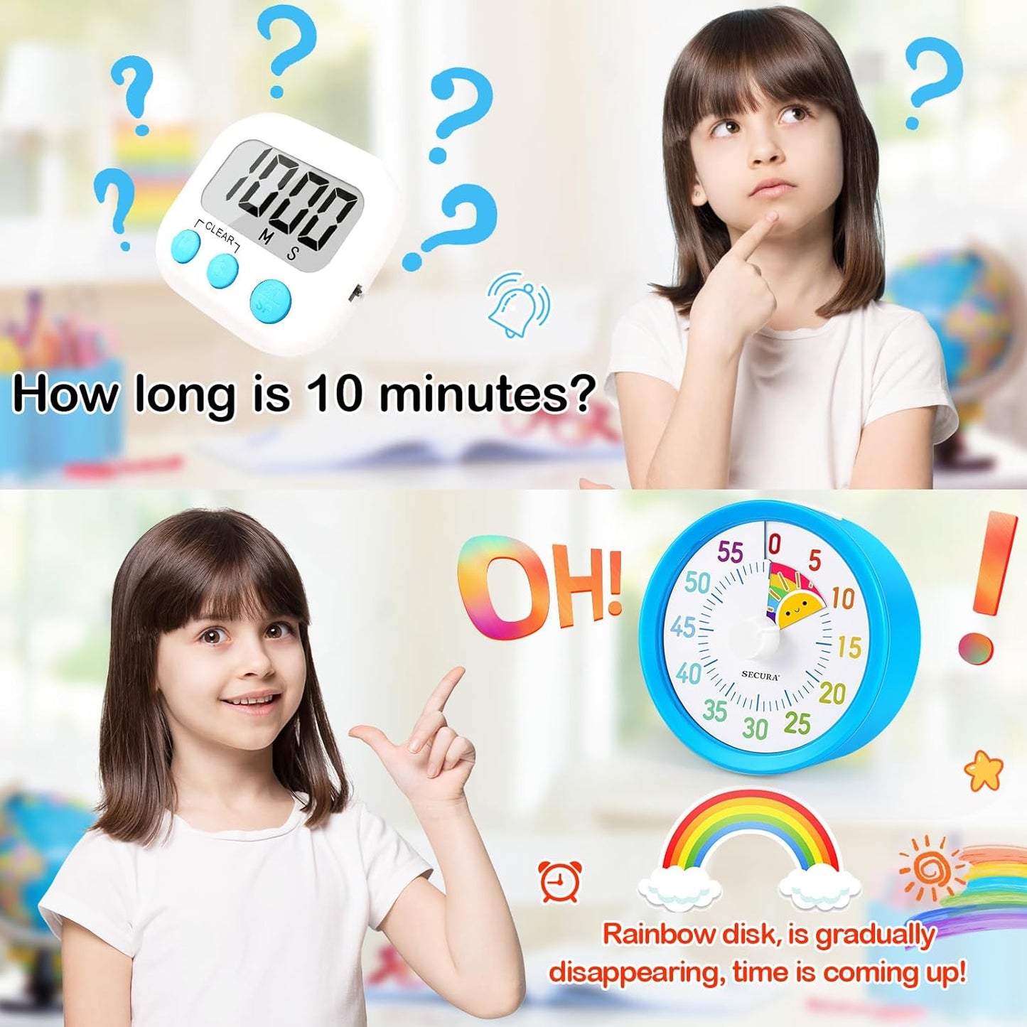 Secura 60-Minute Visual Timer, Rainbow Classroom Timers for Kids, Time Clocks, Countdown Time Tracker Management Tool with Pause Function (Blue & Sun)