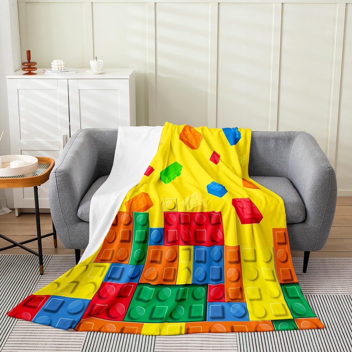 Feelyou Building Block Print Plush Throw Blanket, Throw 50"x60" Kids Brick Styles Flannel Fleece Blanket for Sofa Couch Colorful All Season,Bed Blanket Gaming Yellow