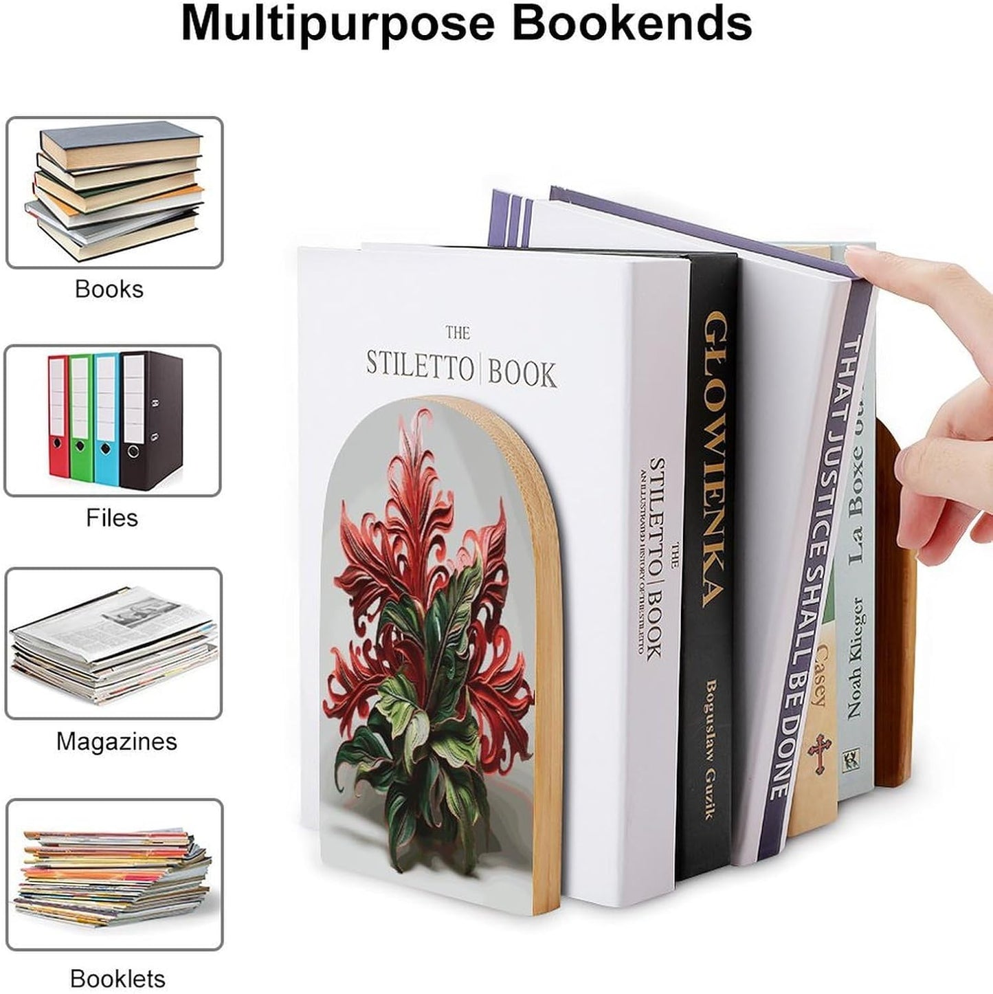Red and Green Flowers Wooden Bookend Non-Slip Book Ends Heavy Duty Book Stopper with Metal Base Books Holderd Decorative Bookends Stands Firmly for Office Supplies