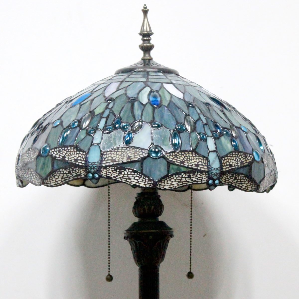 WERFACTORY Tiffany 플로어 램프 씨 블루 스테인드 글라스 잠자리 스탠딩 독서 조명 40.6 x 40.6 x 162.6cm 앤티크 폴 코너 램프 장식 침실 거실 홈 오피스 S147 시리즈