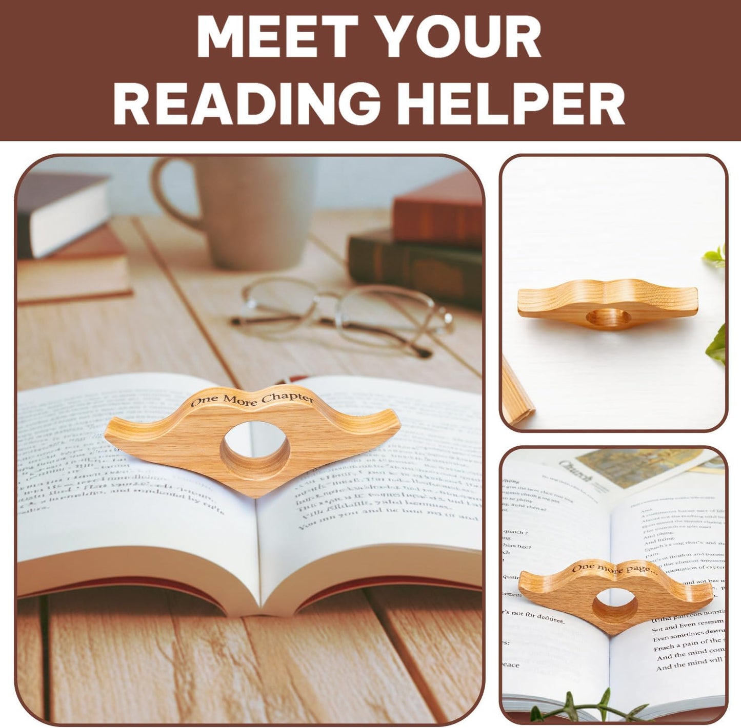 Wooden Book Page Holder – Thumb Page Spreader Reading Accessory with Smooth Finish for Book Lovers (Pinewood - One More Chapter)