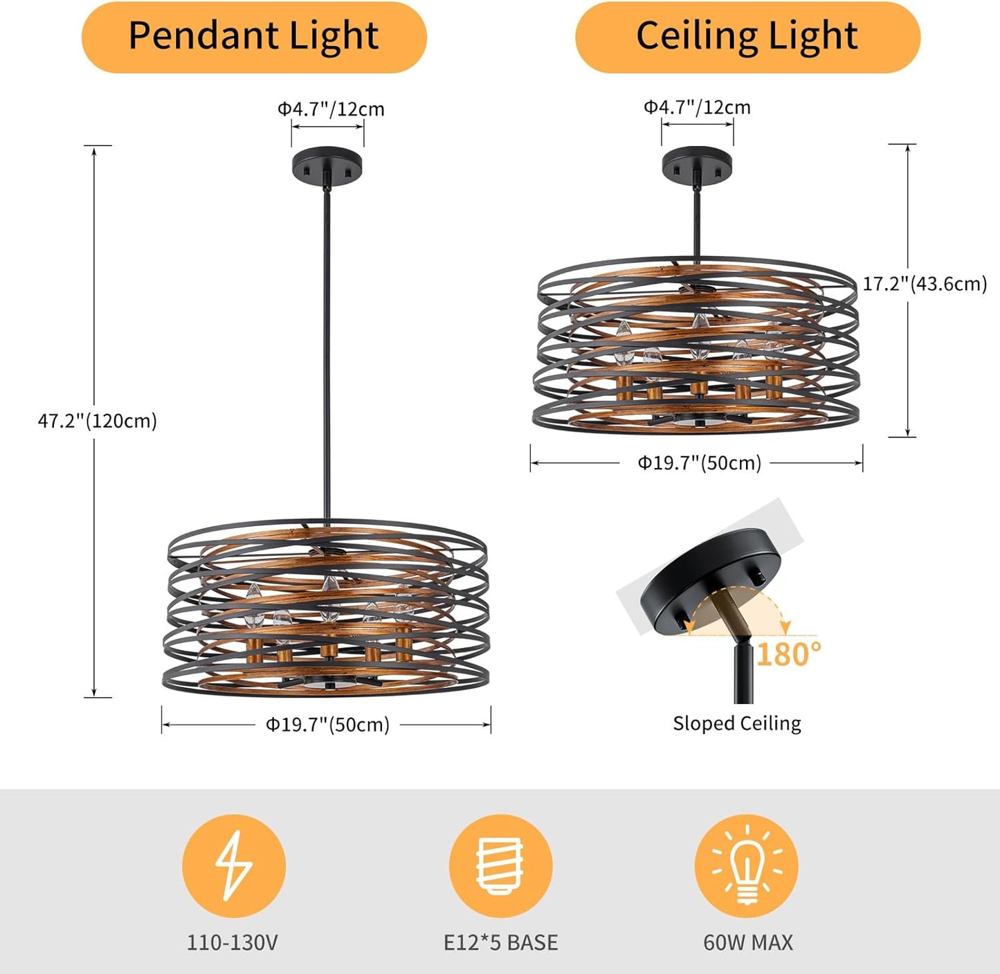 5-Light Farmhouse Drum Chandeliers, 2-Tiers Pendant Light Fixture for Dining Room, Living Room, Bedroom, Adjustable Height 17~47", Wood Texture & Matte Black Finish