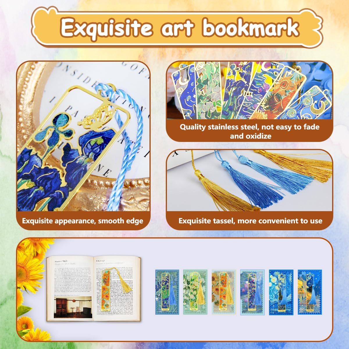 Metal Bookmarks with Tassel, Golden Van Gogh Monet Oil Painting Theme Cute Hollow Book Markers for Reading Women, Teachers, Students, Book Lovers, Reading Accessories Gifts for Book Lovers (6PCS)
