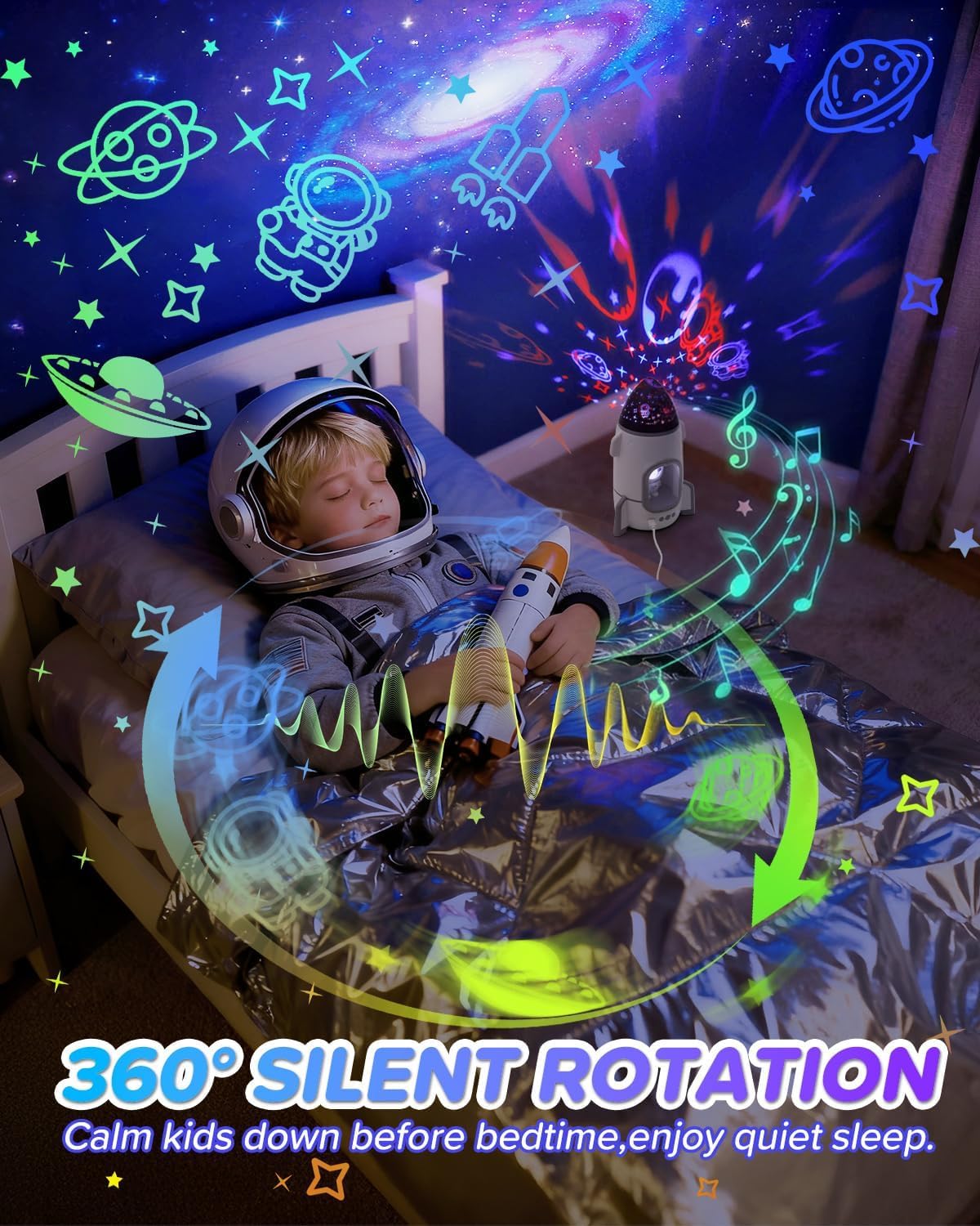 Rocket Night Light Projector for Kids Boys Toddlers Sensory Toys with Music&Films,Nightlight Lamp Astronaut Ceiling Star Projector 360° Rotation&Rechargeable,Birthday Gifts Kids Bedroom Room Decor