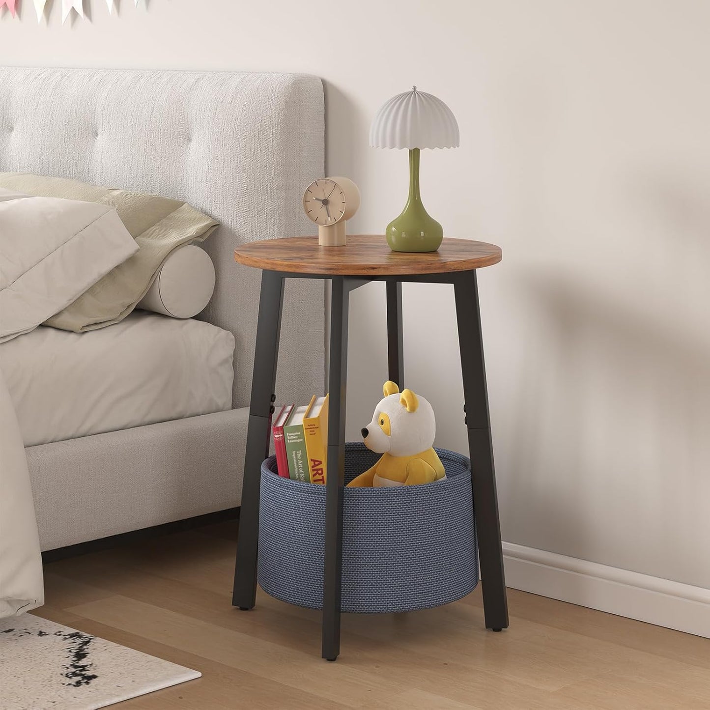 Small Round Side End Table with Storage Basket, Round Bedside Sofa Couch Coffee Tables for Small Places with Metal Frame, Modern Nighstands for Living Room Bedroom, Rustic Brown
