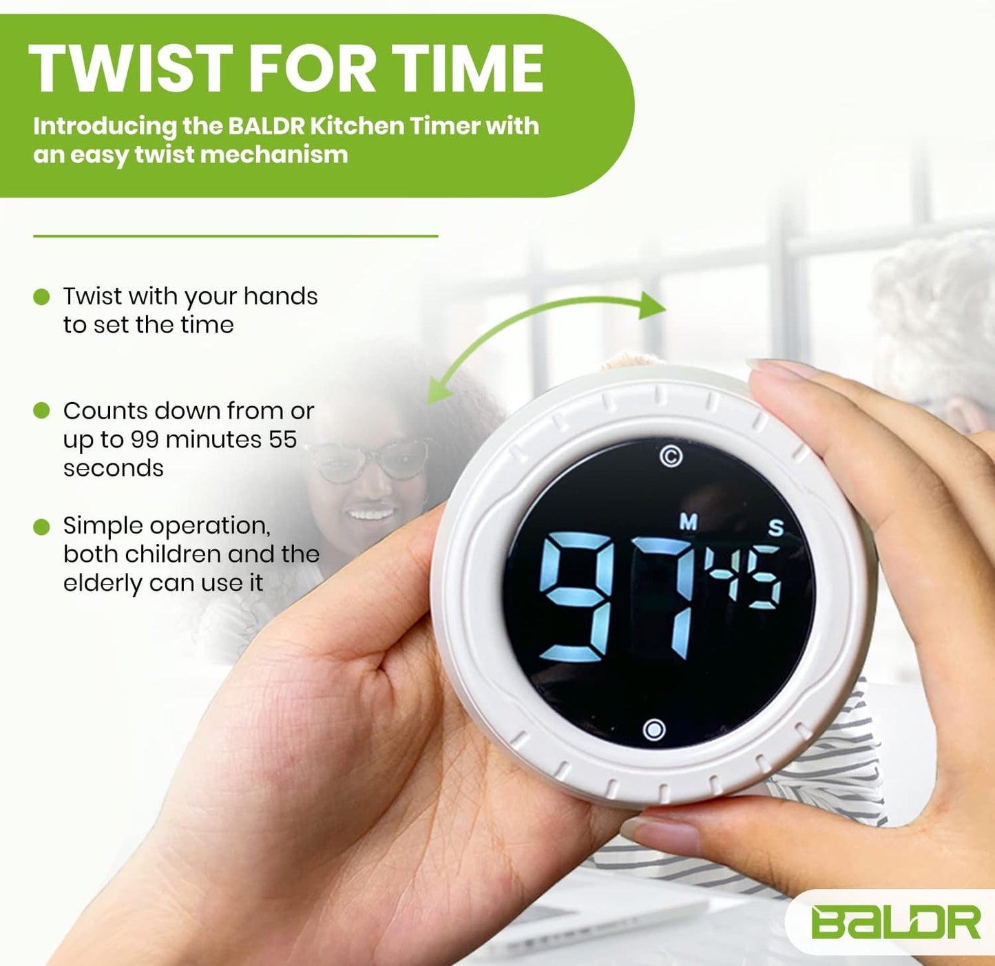 BALDR Digital Kitchen Timer with Rotating Desk Display, Strong Magnet, Count Up/Down & Beeping Alerts - Productivity Timer & Magnetic Timers for Classroom and Kitchen (White)
