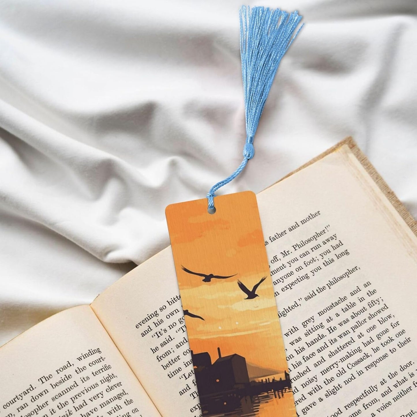 Lake View Illustration Bookmarks Gifts for Women Men, Wooden Bookmarks for Book Lovers, Vintage Book Marks Ornaments with Tassel, Unique Personalized Reading Page Markers Sky Blue