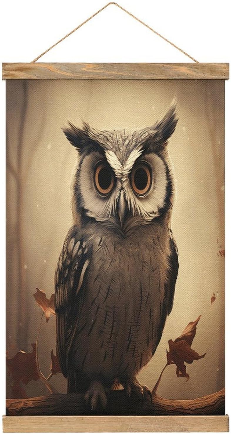 Vintage Cute Owl Poster with Wooden Frame Personalized Linen Hanging Scroll Painting Rustic Wall Hanging Illustrative Modern Artwork Decor for Home Living Room Bedroom Office