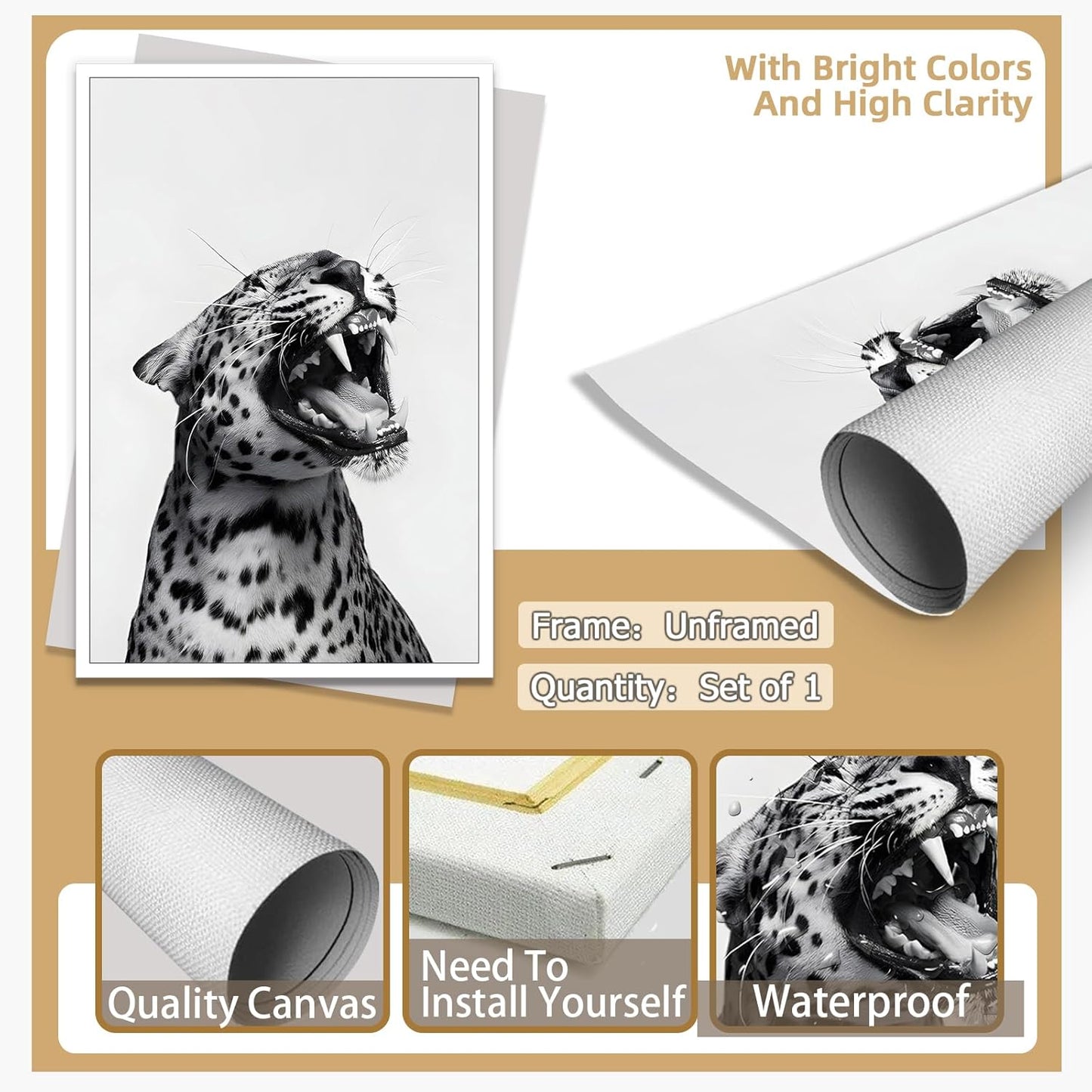 Funny Animal Posters Black and White Leopard Roaring Wall Art Vintage Cheetah Decor Trendy Print Canvas Eclectic Wildlife Aesthetic Prints for Living Room Bedroom Bathroom Poster 16x24in Unframed