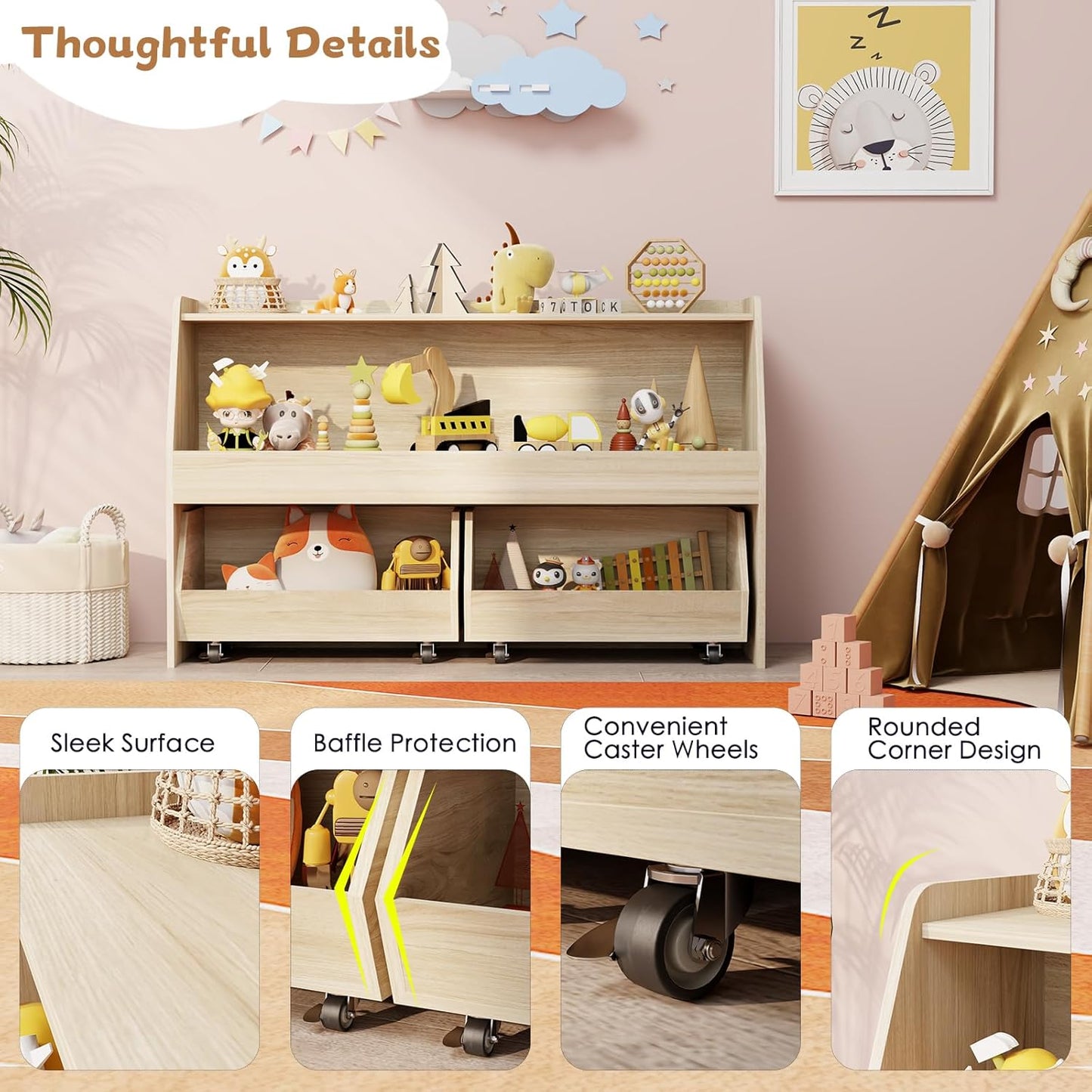 COZPAW Toy Storage Organizer, 2 Tier Montessori Shelf with Movable Bins (Wood)