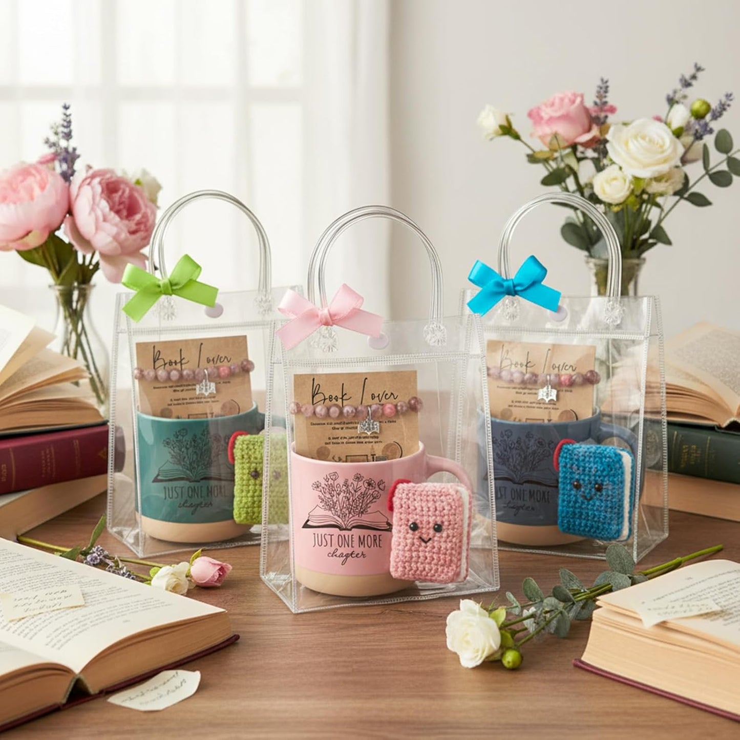 Roshtia Book Lover Gift for Women Bookworm Coffee Mug Mini Crochet Book Bracelet Card and Bag Bookish Club Accessories for Friend Librarian Reader Coworker Teacher, 1 Set