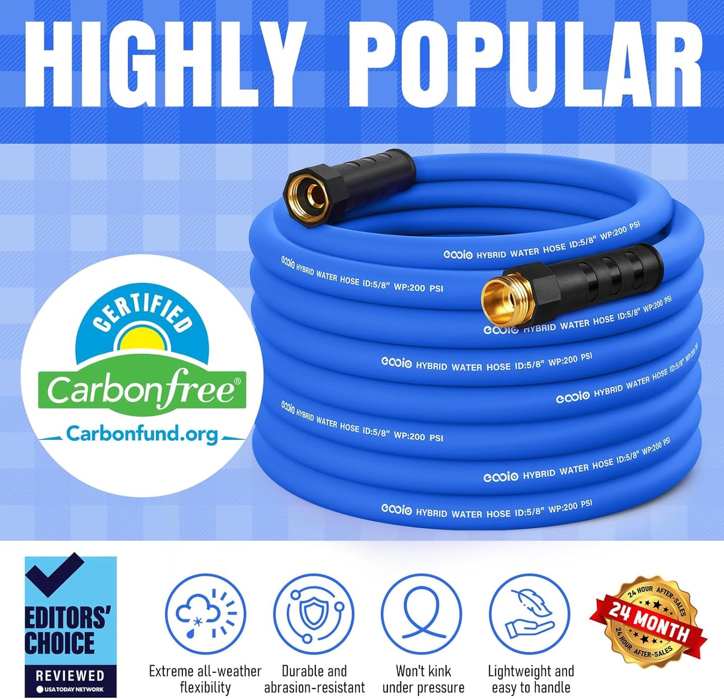 Heavy Duty Garden Hose 50 ft, Non-Expanding Flexible Water Hose, Kink Resistant Lightweight Hybrid Hose, Leakproof Hose Male to Female Fittings