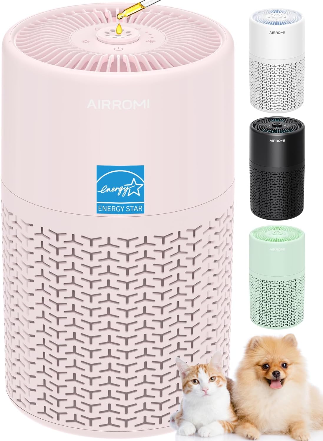 AIRROMI Pets Air Purifier for Home Allergies,Up to 660 ft². HEPA Deodorizing Activated Carbon Filter,With Fragrance Sponge for Better Sleep,Night Light,Pet Dander,Smoke,Odors,Air Cleaner A2002 Pink