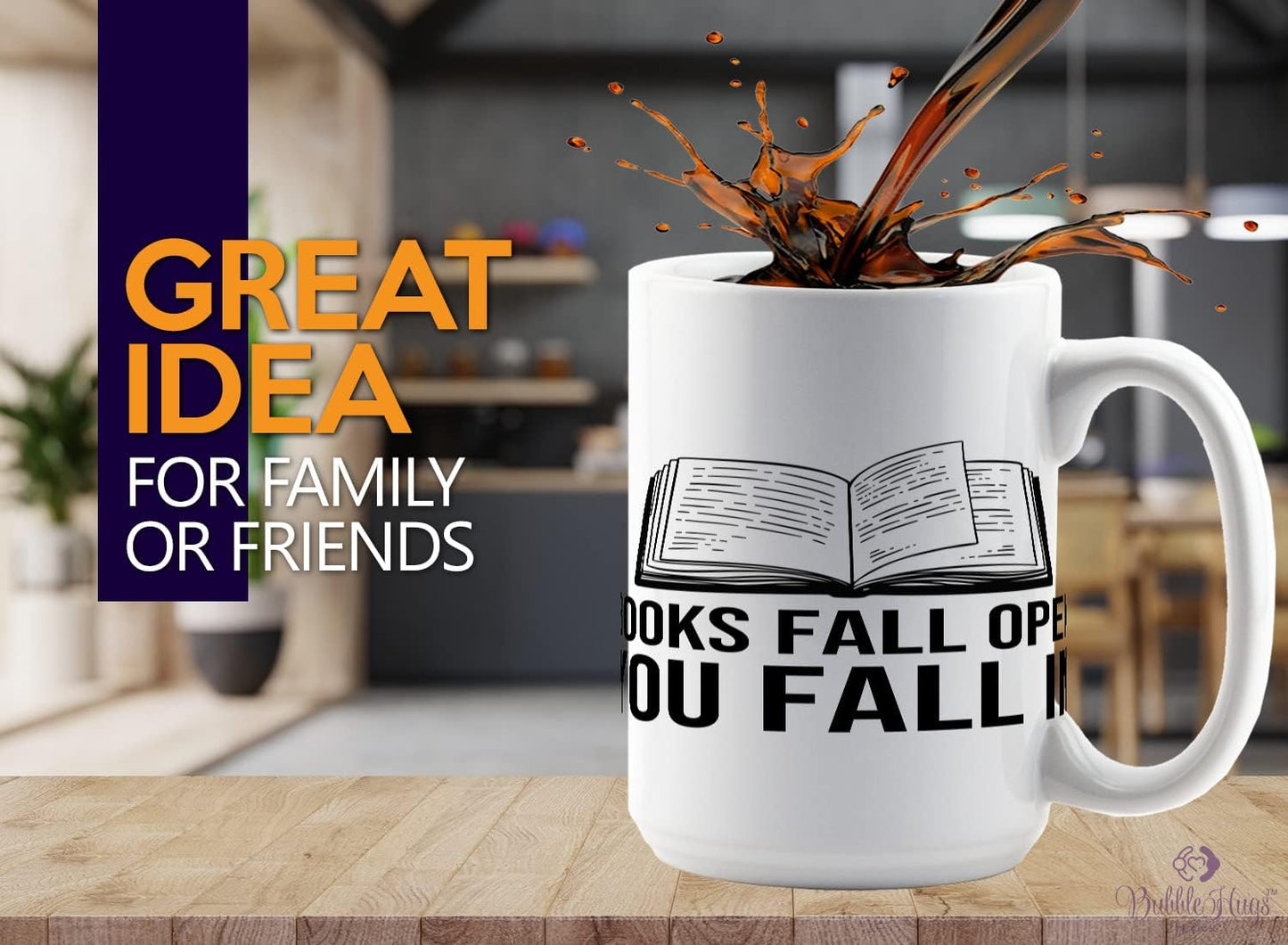 Book Lovers Coffee Mug 15oz White -Books fall open you fall in - Gift For Poets Bookish People Bibliophile Librarian Book Club Reader