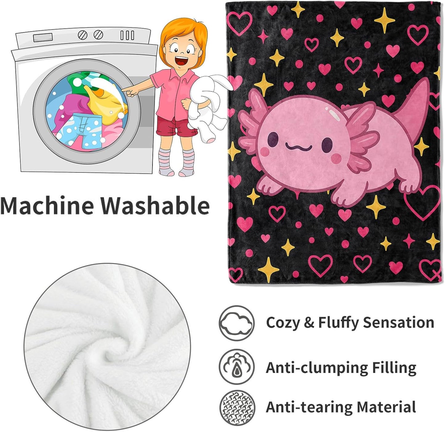 Cute Axolotl Blanket,60x80in,Pink Animal with Heart and Star on Black Background Throw Blankets,Gifts for Kids Girls Women, Lightweight Soft Fleece Cozy,for Sofa Couch Bed Room Travel Decor